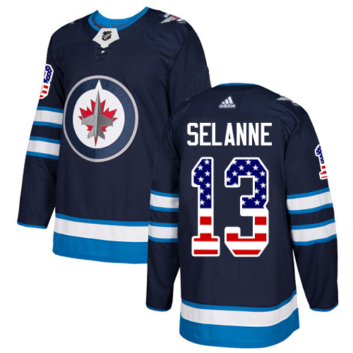 Adidas Jets #13 Teemu Selanne Navy Blue Home Authentic USA Flag Stitched NHL Jersey - Click Image to Close